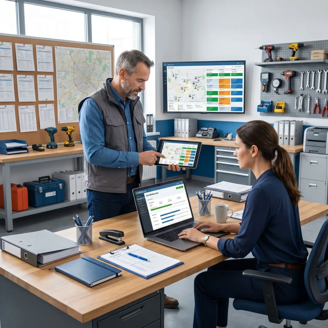Field service team using QuickBooks-connected software