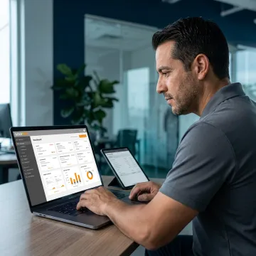 Contractor manager reviewing CRM dashboard