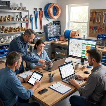 Plumbing team managing estimates and jobs on tablets
