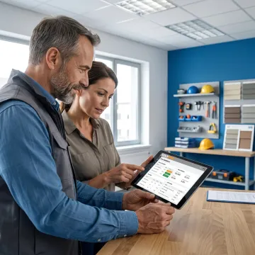 Contractor reviewing project workflow on tablet