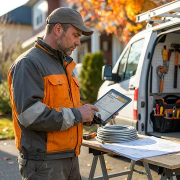 Electrical contractor reviewing job details on tablet