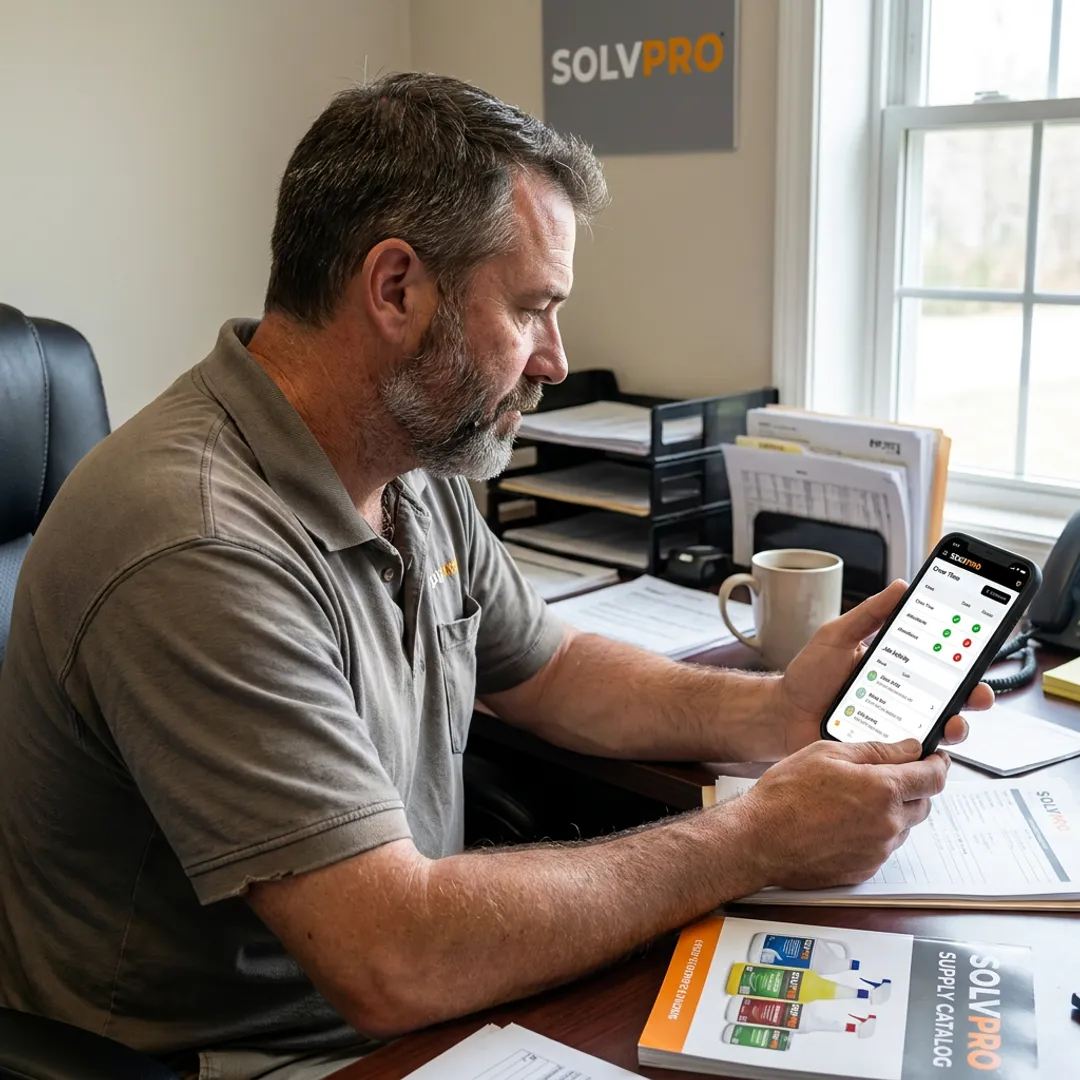 Janitorial manager reviewing crew time tracking dashboard