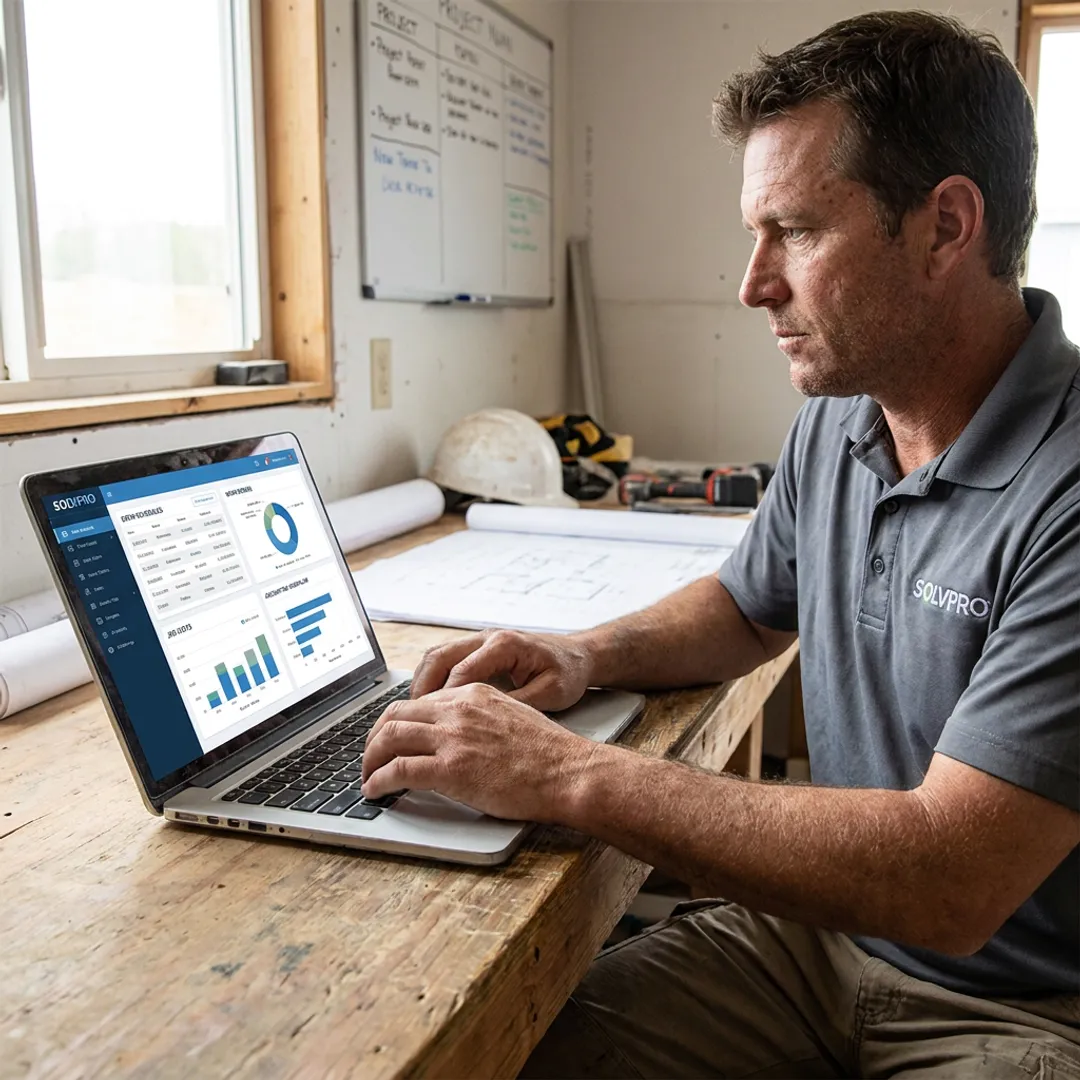 Construction manager reviewing crew scheduling software