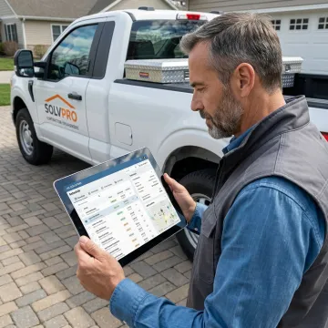 Contractor reviewing CRM schedule and job details on tablet