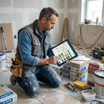 Tile contractor reviewing job details on CRM software