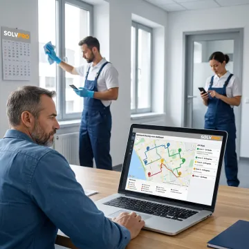 Janitorial manager planning crew routes on software