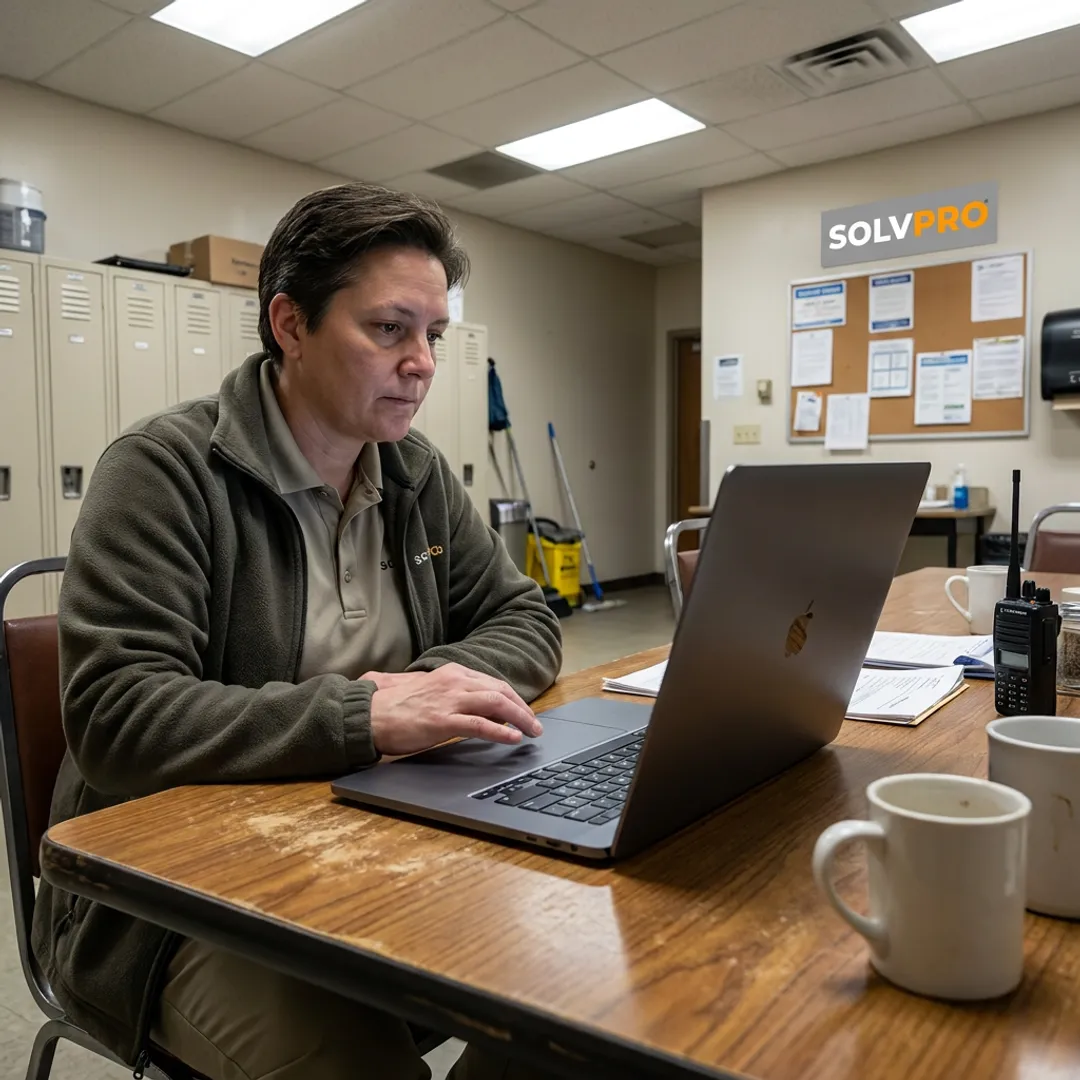 Janitorial manager reviewing crew schedules on software