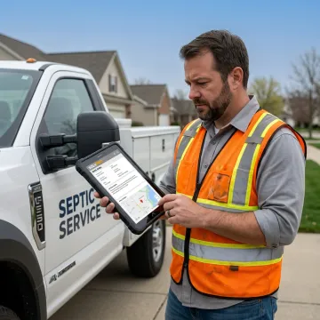 Field technician managing septic service job on tablet