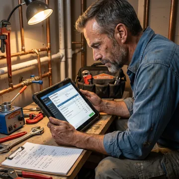 Plumber preparing a digital repair estimate