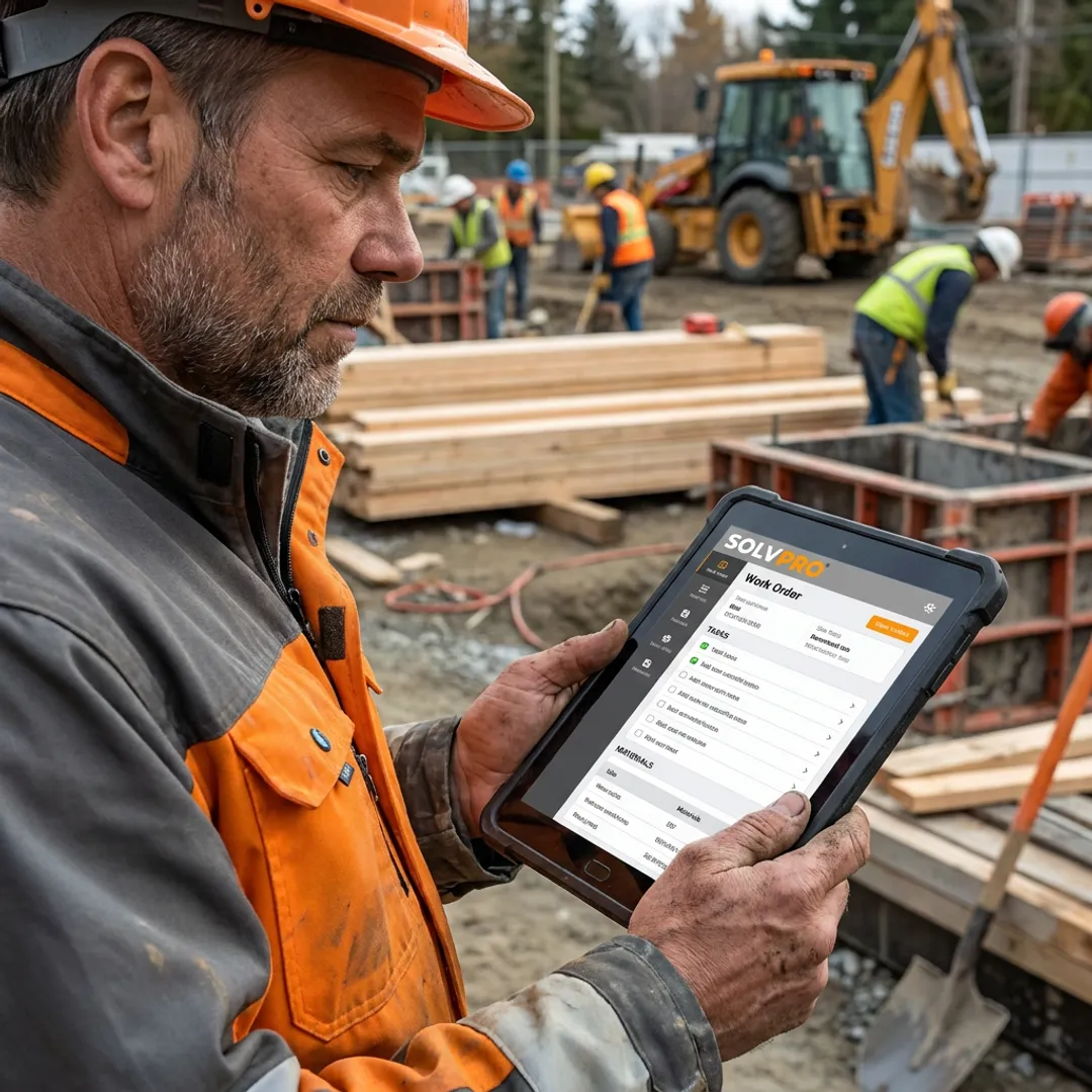 Construction crew using work order software on a tablet
