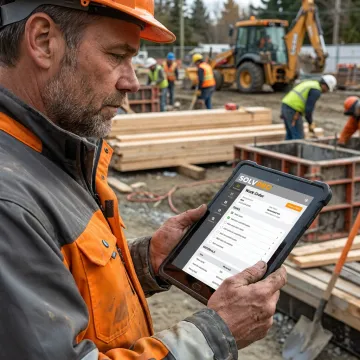 Construction crew using work order software on a tablet
