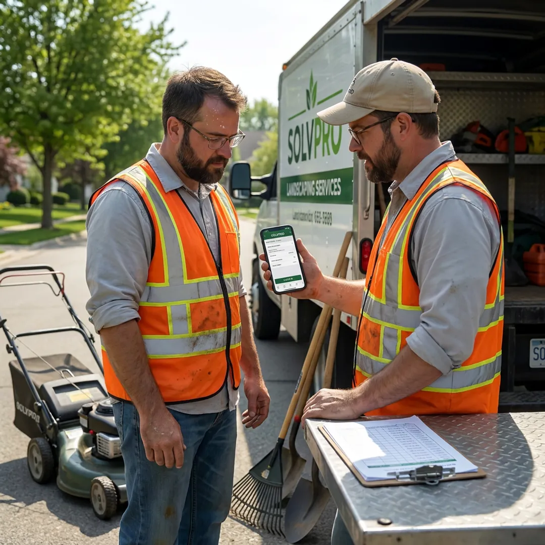 Landscaping crew tracking job time on mobile software