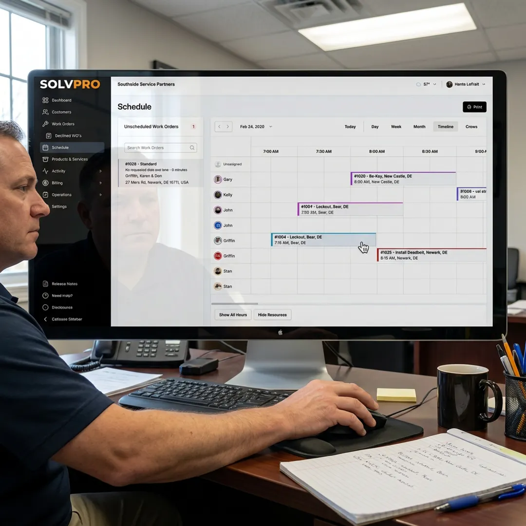 Dispatcher scheduling locksmith technicians in software