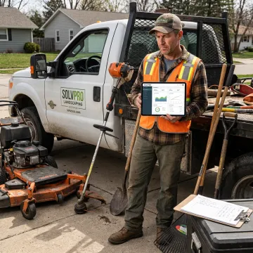Landscaping crew using job costing software on a tablet