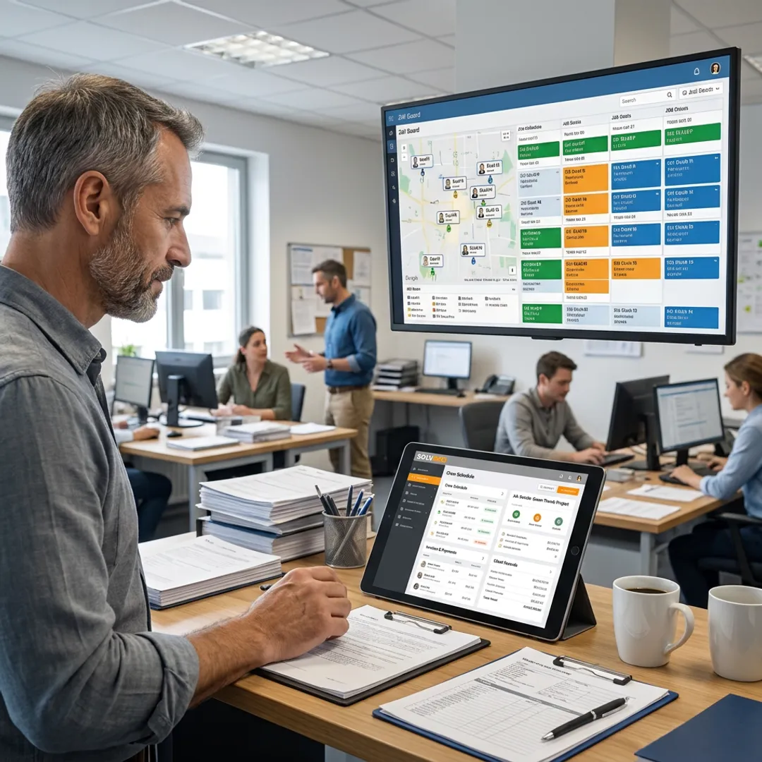 Landscaping manager reviewing scheduling and billing dashboard