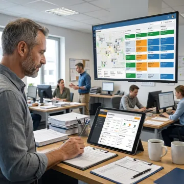 Landscaping manager reviewing scheduling and billing dashboard