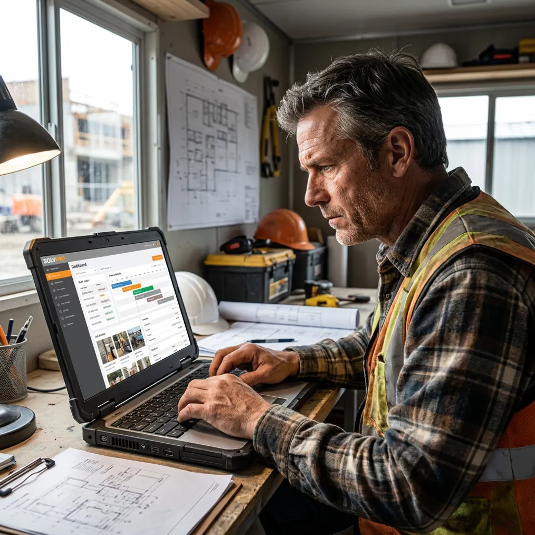 Field service team managing work orders on software dashboard