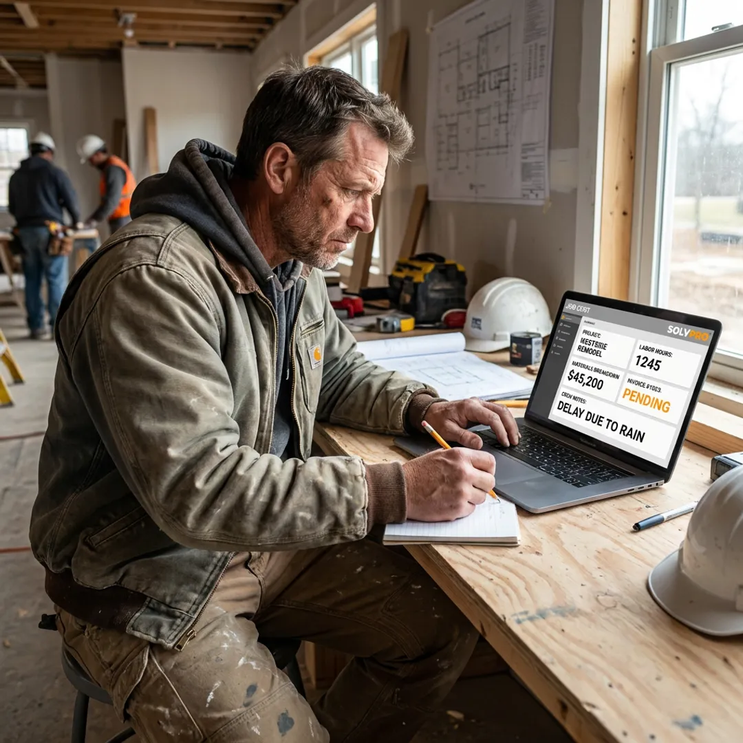 Contractor reviewing job costing dashboard