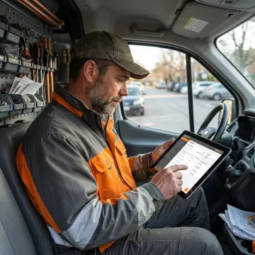 Plumber using business software on a tablet
