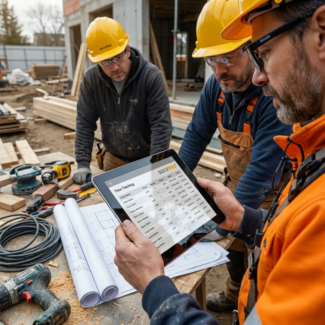 Construction team reviewing mobile time entries
