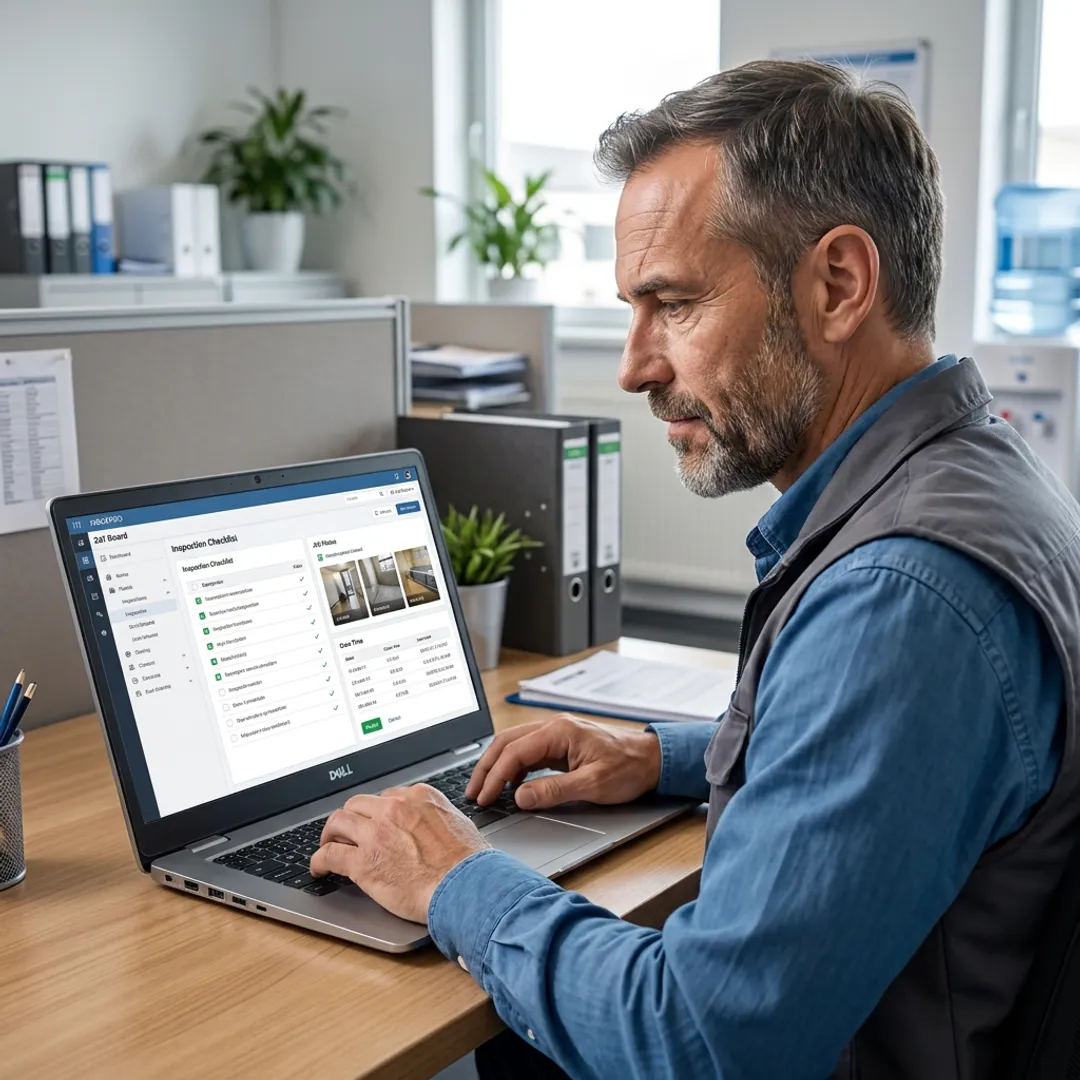 Cleaning manager reviewing janitorial inspection software
