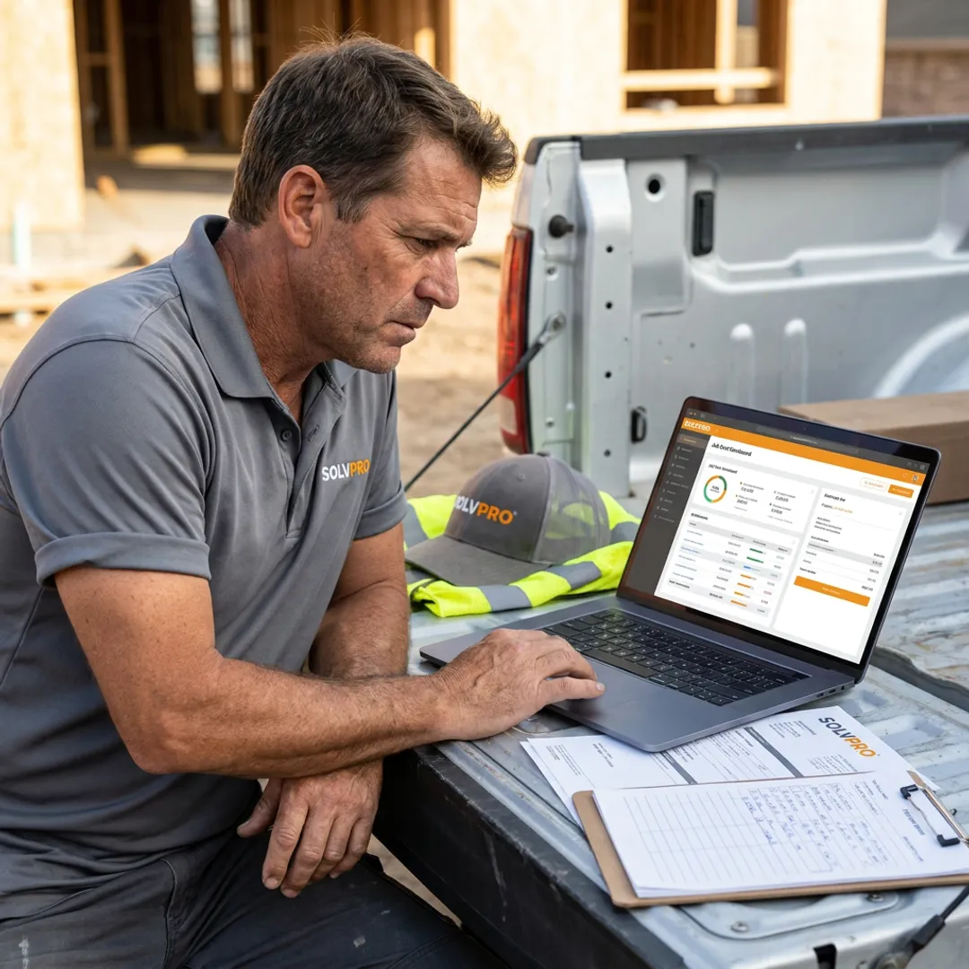 Contractor reviewing digital estimate and job costs