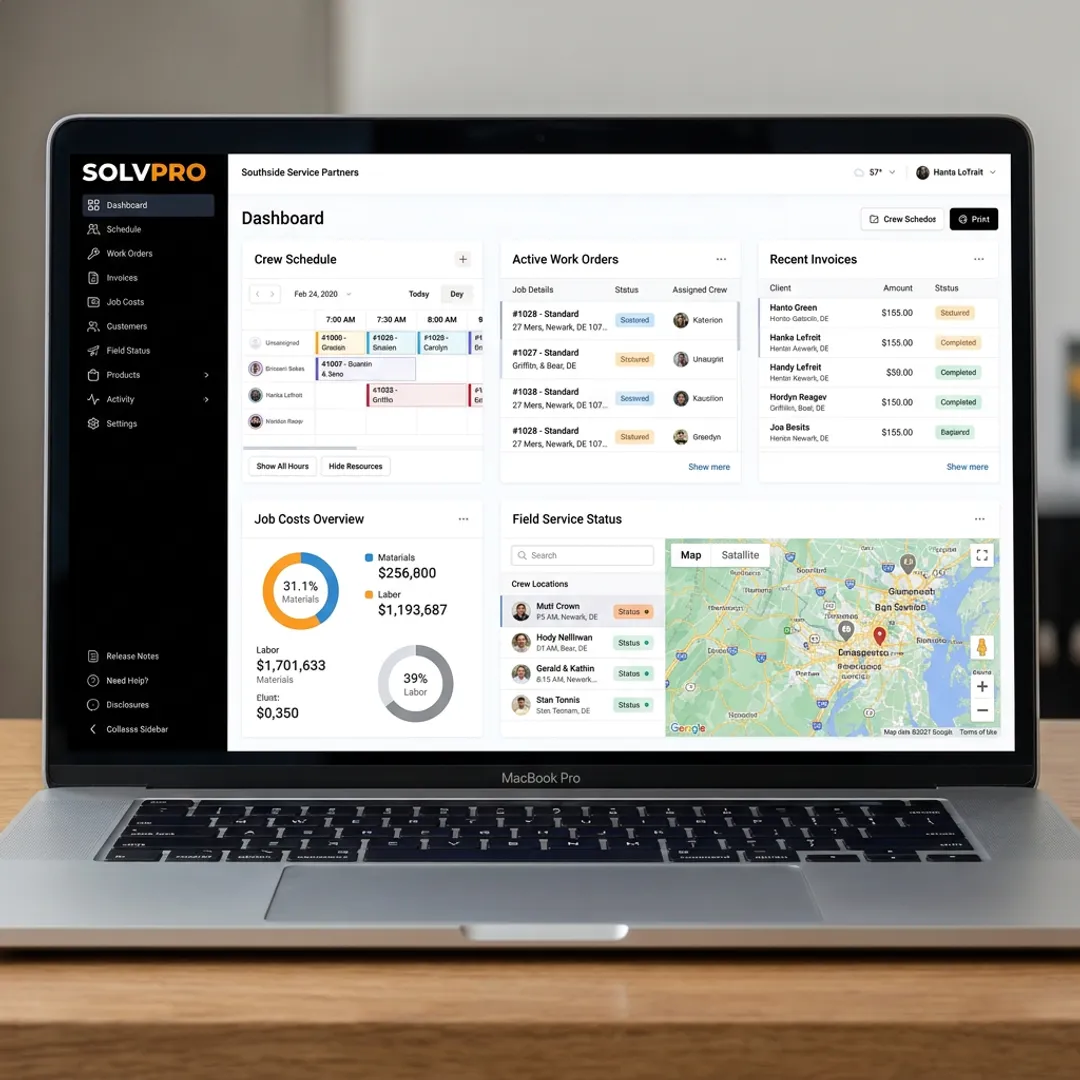 Field service software dashboard on laptop
