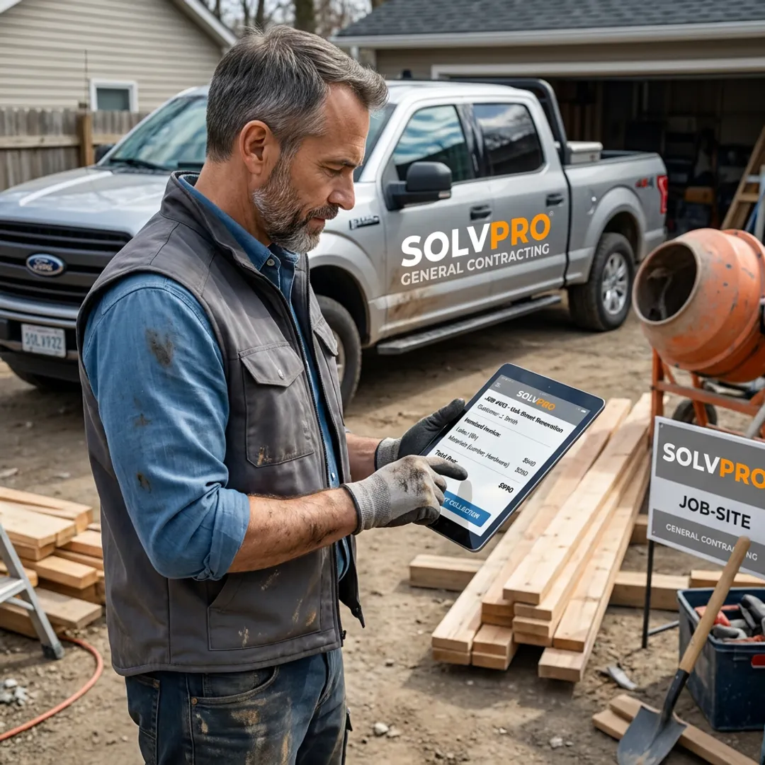 Small business owner sending an invoice from a tablet