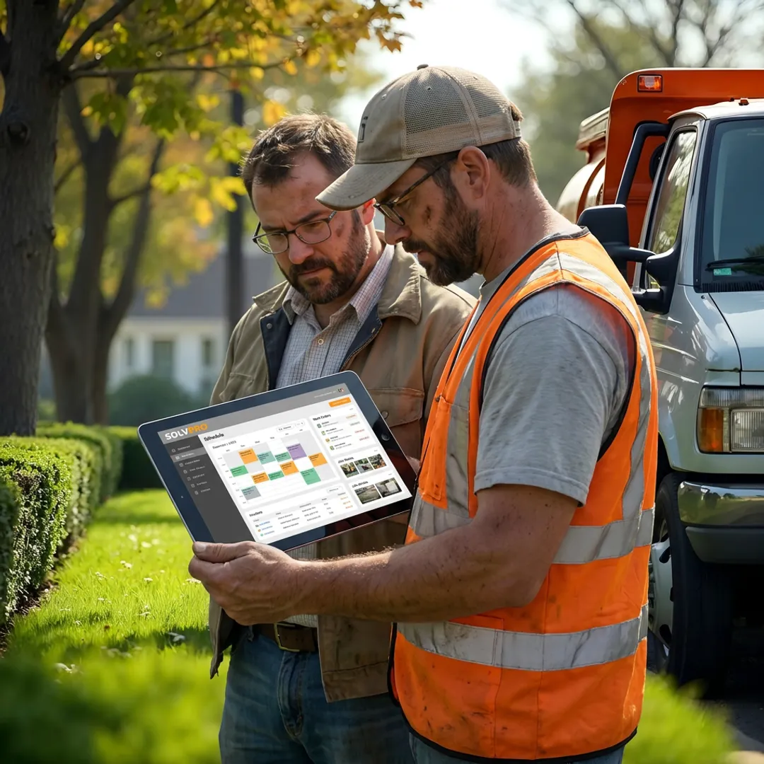 Landscaping team reviewing software dashboard