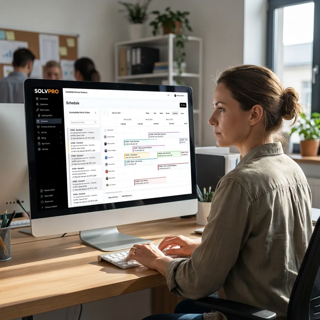 Dispatcher organizing crew schedules in SolvPro