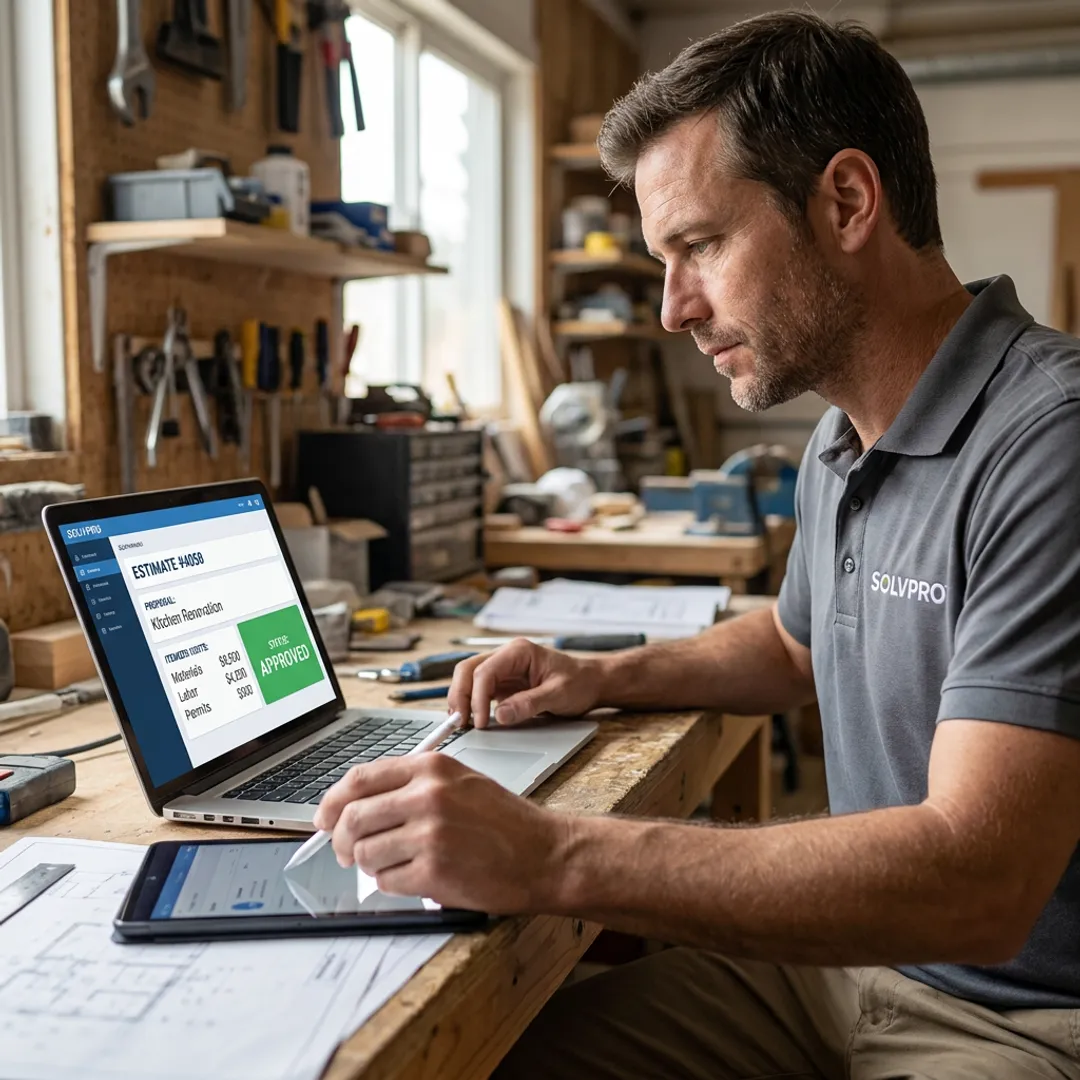 Contractor reviewing a digital estimate on a laptop