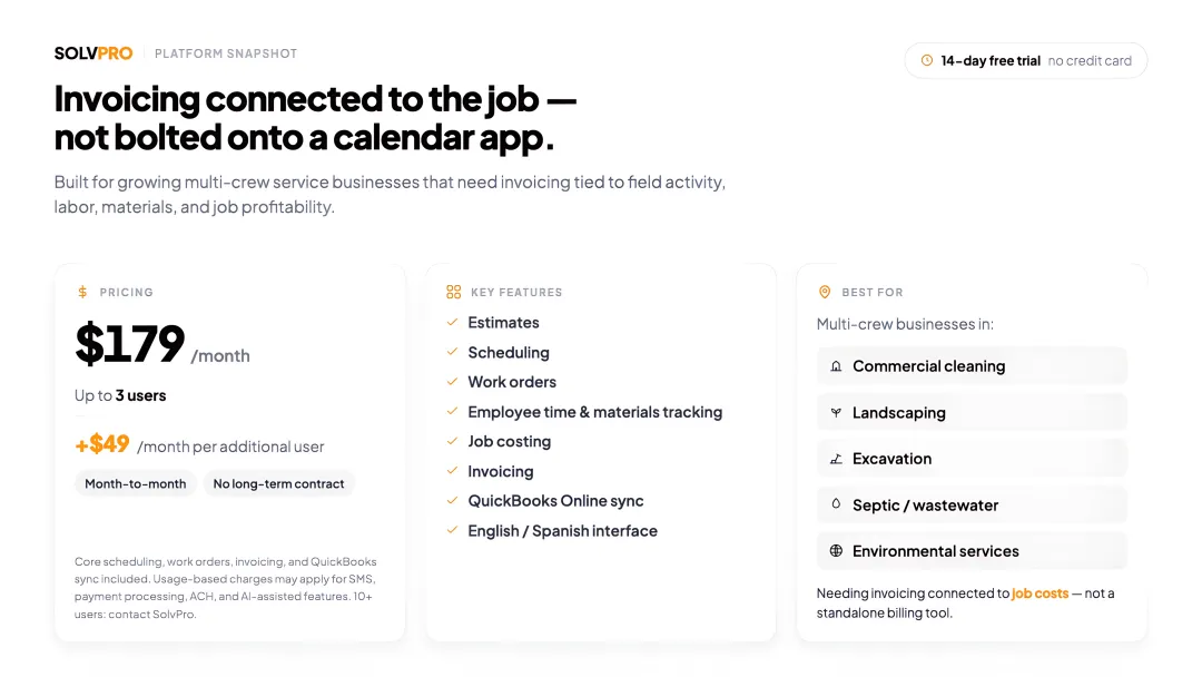 SolvPro dashboard displaying invoicing scheduling and crew tracking tools