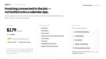SolvPro dashboard displaying invoicing scheduling and crew tracking tools