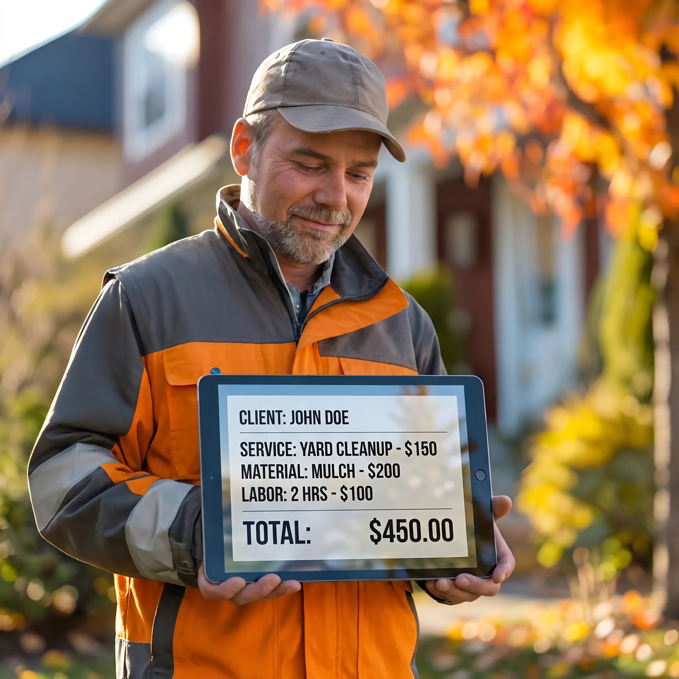 Field contractor using mobile billing and invoicing software on tablet