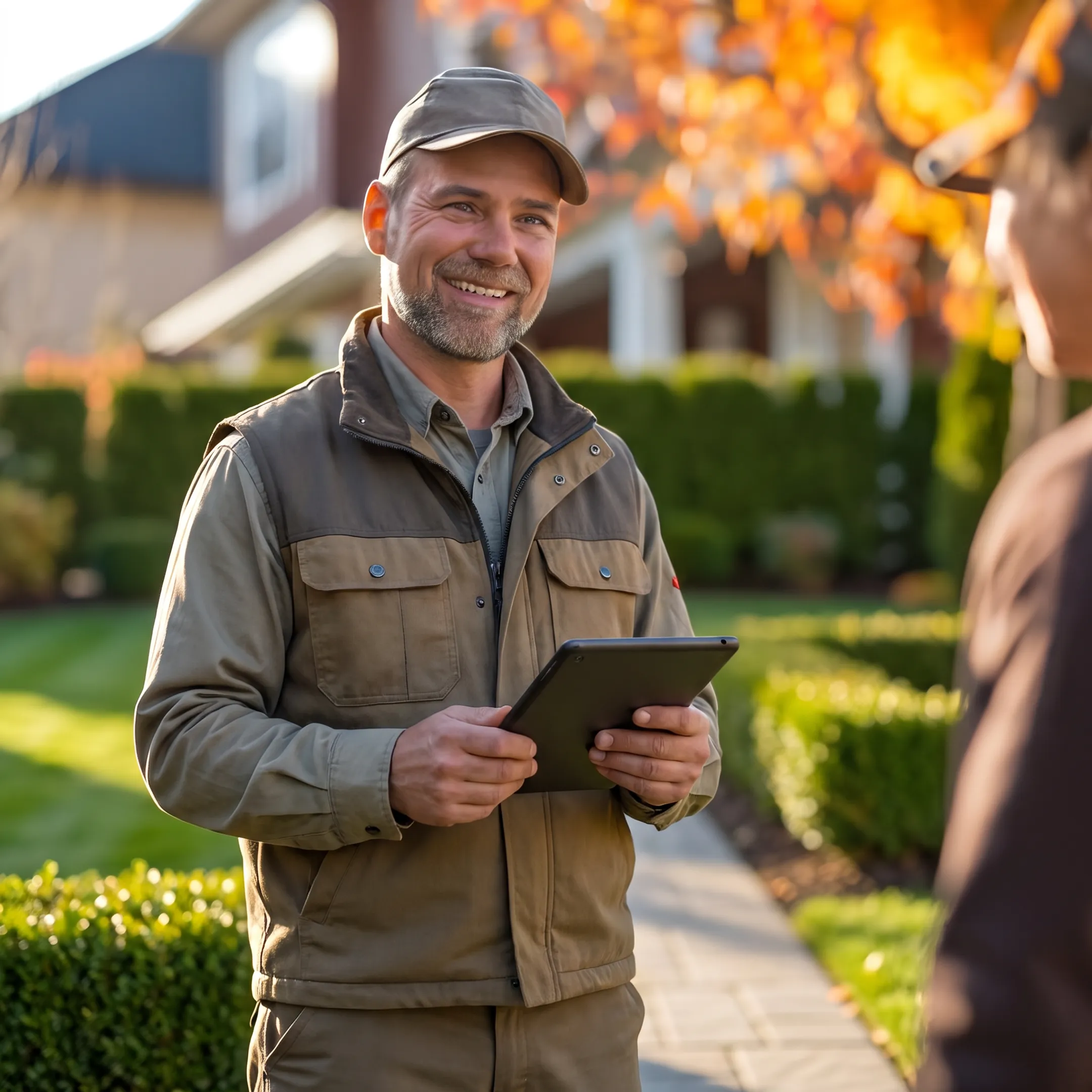 Lawn care contractor creating digital customer estimates on a tablet outdoors