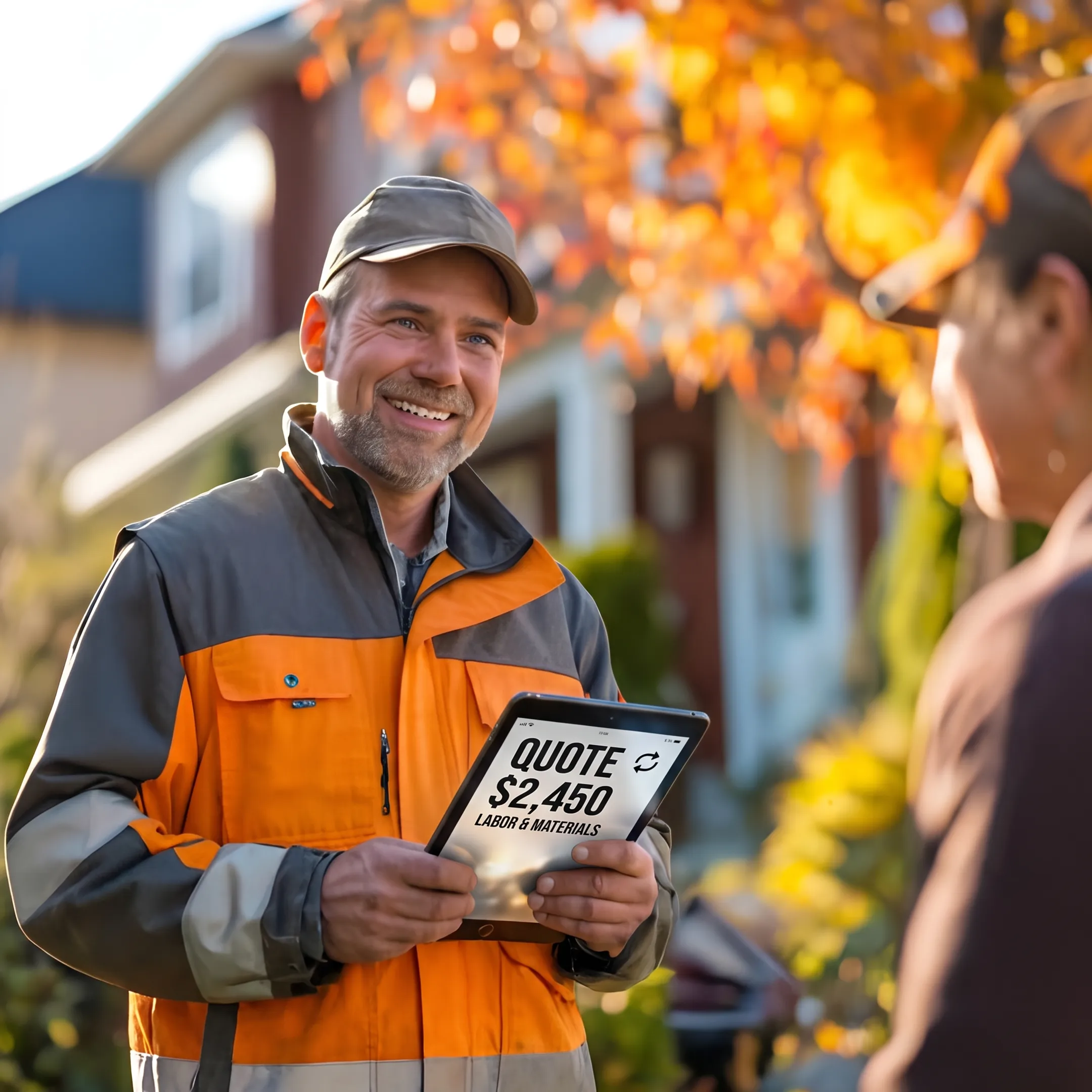 Field contractor reviewing a digital quote synced with QuickBooks Online on a tablet