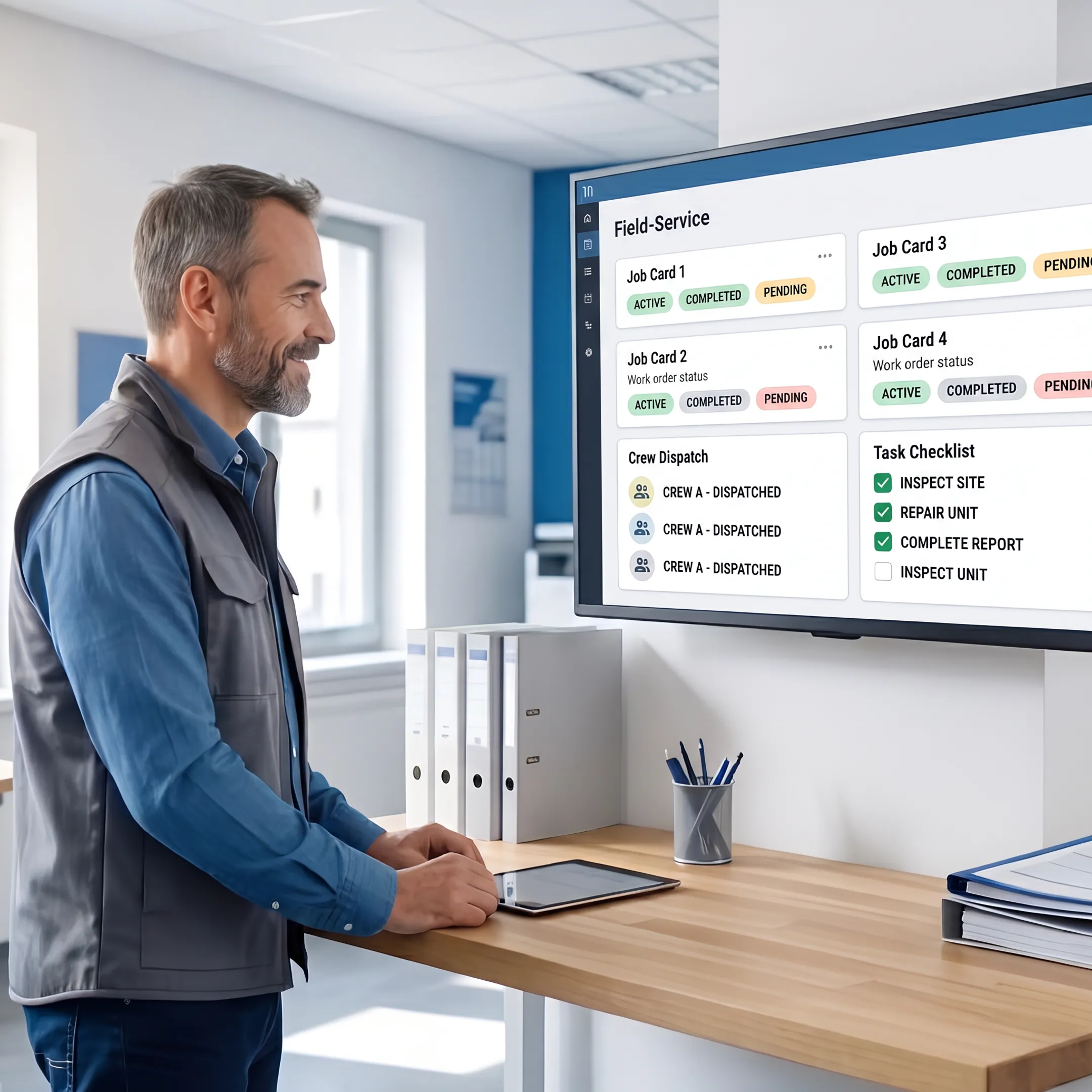 Digital job card dashboard showing active field service work orders and crew assignments