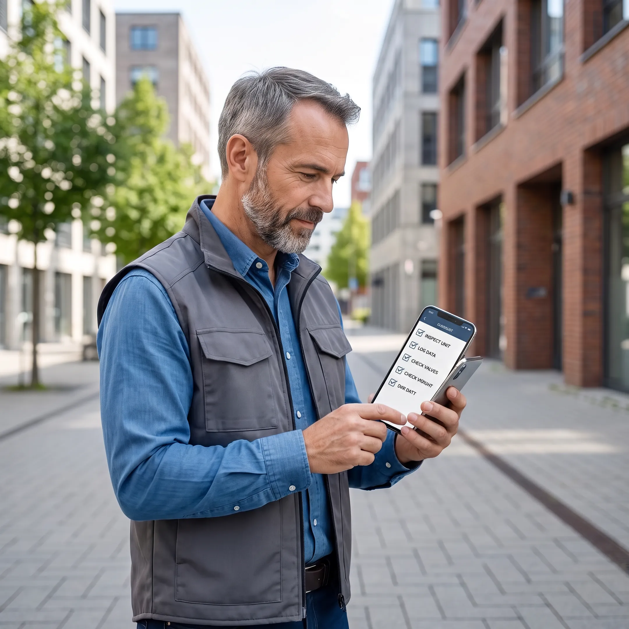 Field service technician updating a digital job card on a mobile device