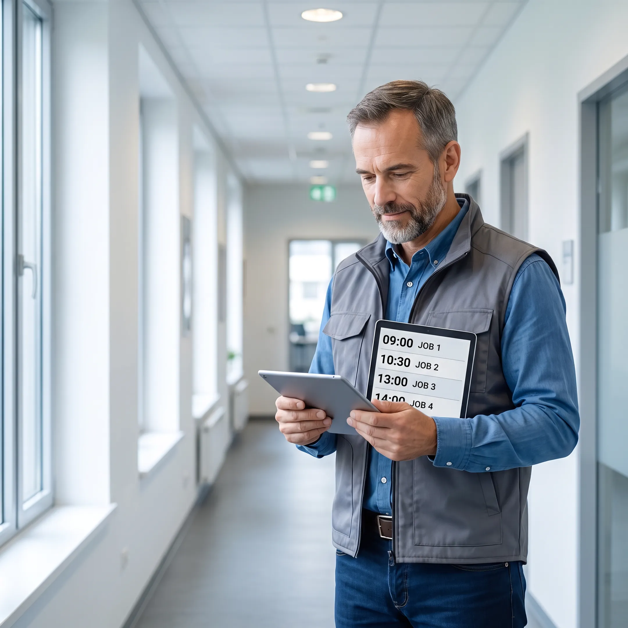 Facility manager using digital maintenance application on a tablet in an office building