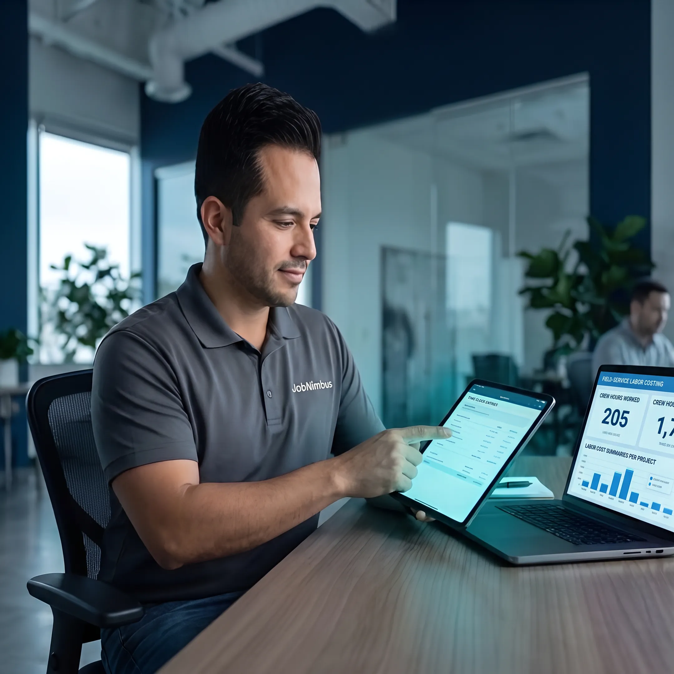 Digital dashboard displaying cloud based employee time clock entries and labor costs