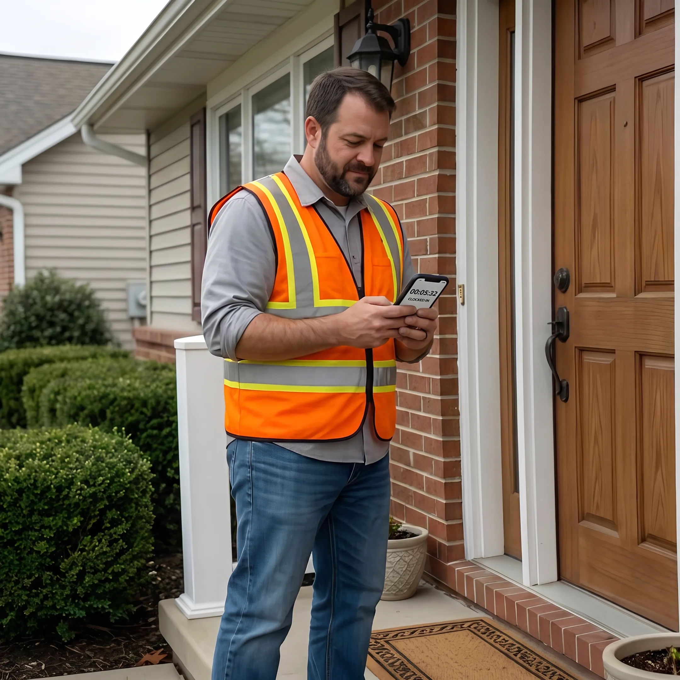 Field technician clocking in using cloud based employee time clock app on a mobile device