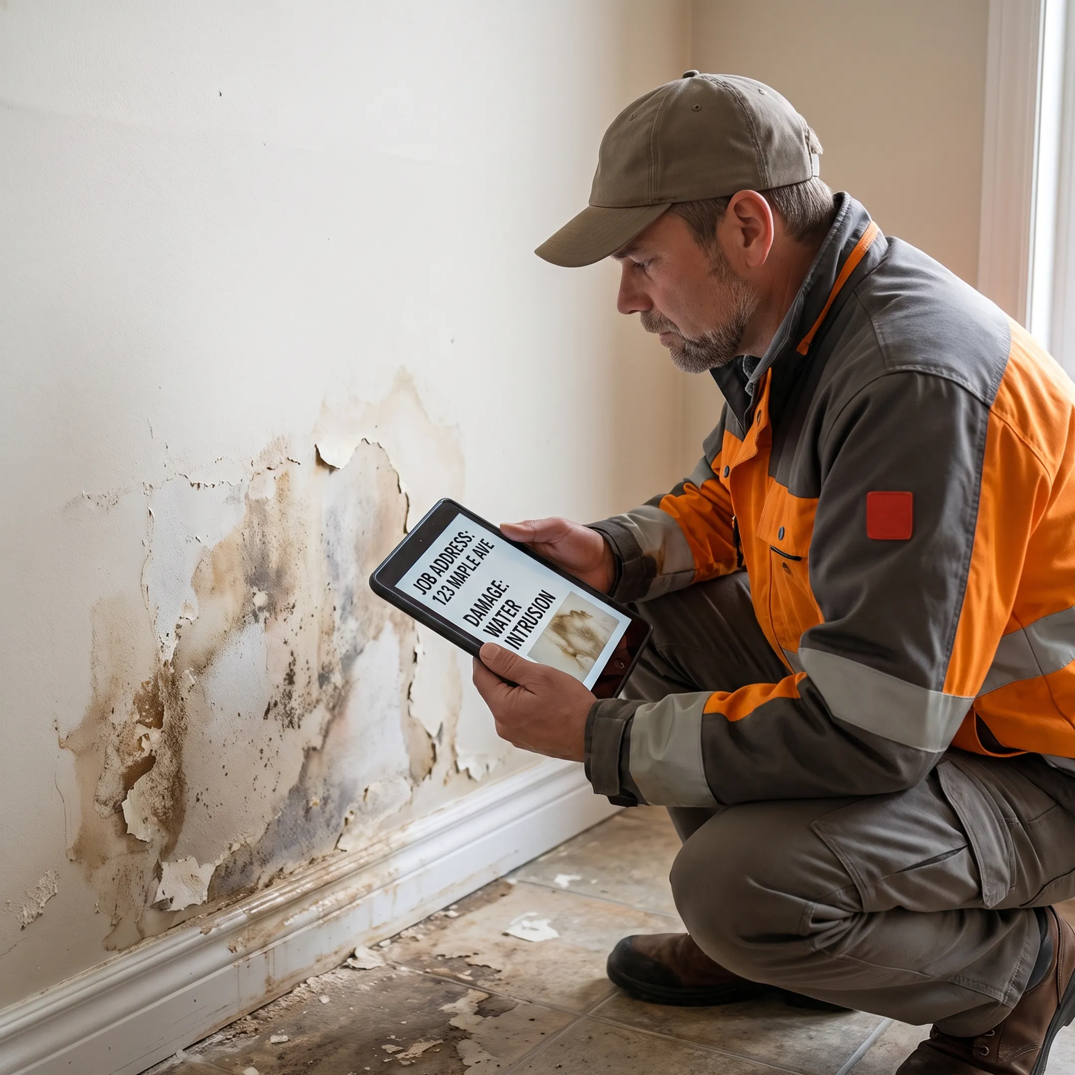 Water damage restoration technician using digital software on a mobile tablet at a job site
