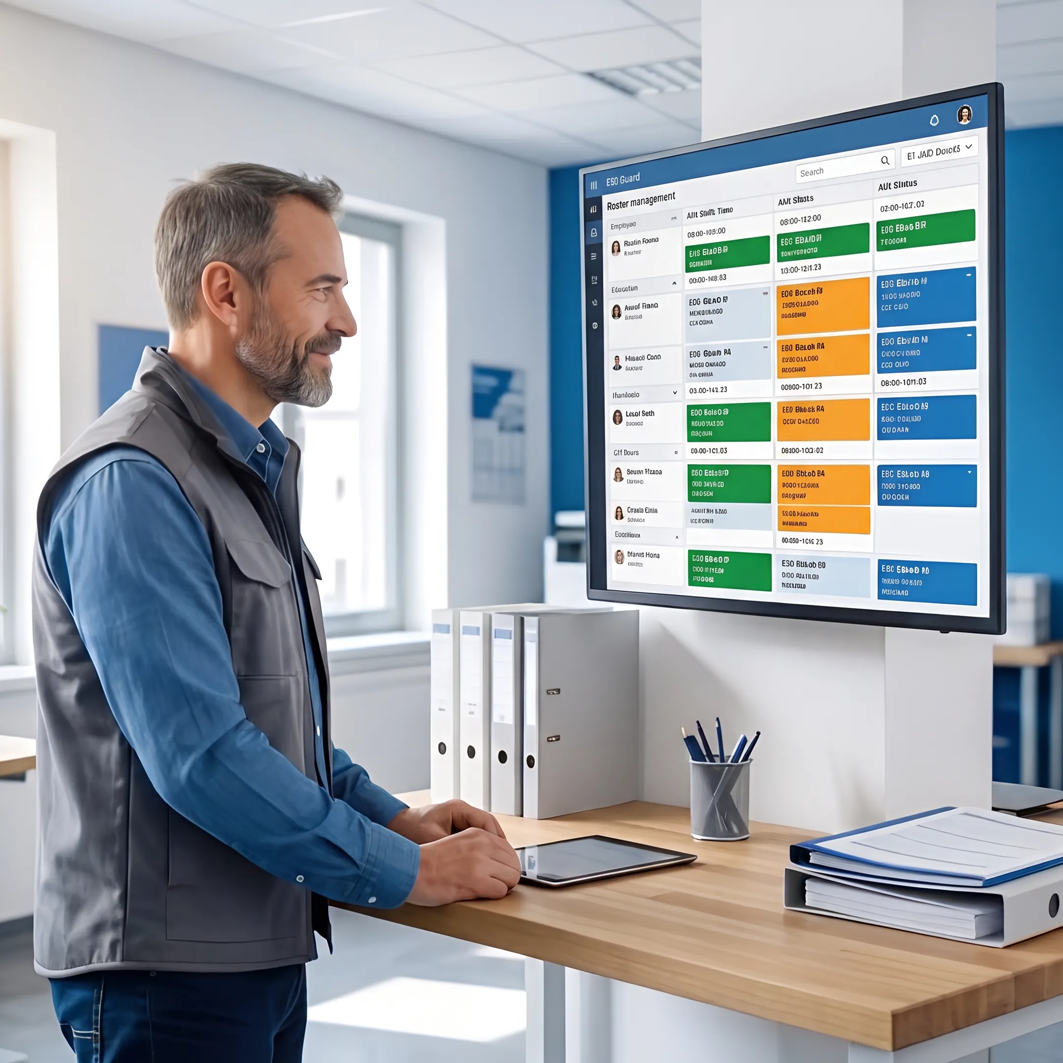 Service manager reviewing an employee roster on a scheduling app