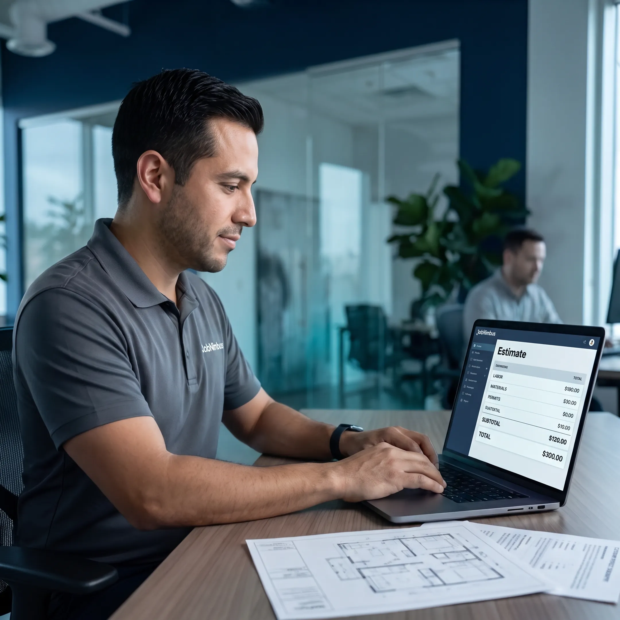 Service business owner creating a digital quote on a laptop