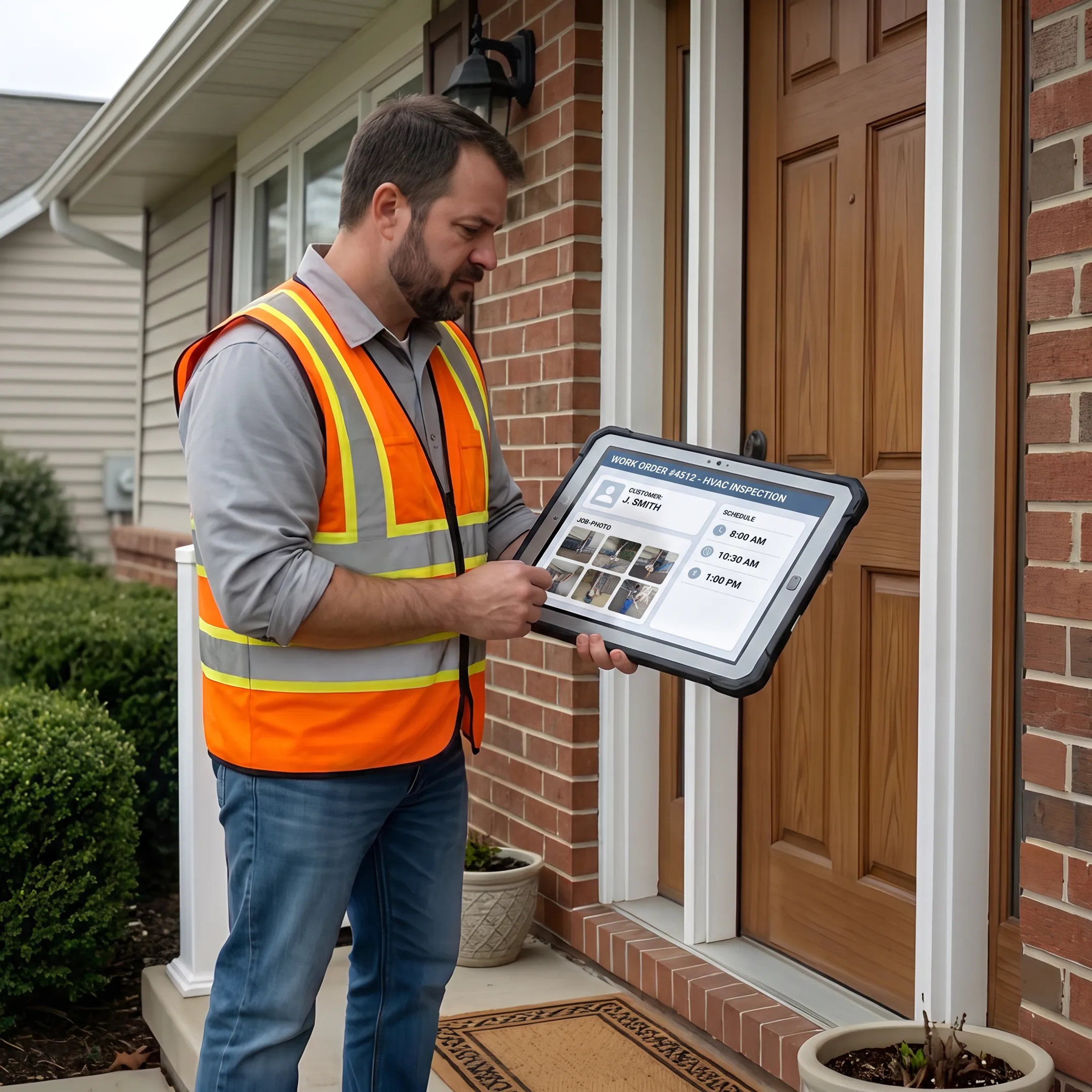 Repair crew using field service management software on a tablet