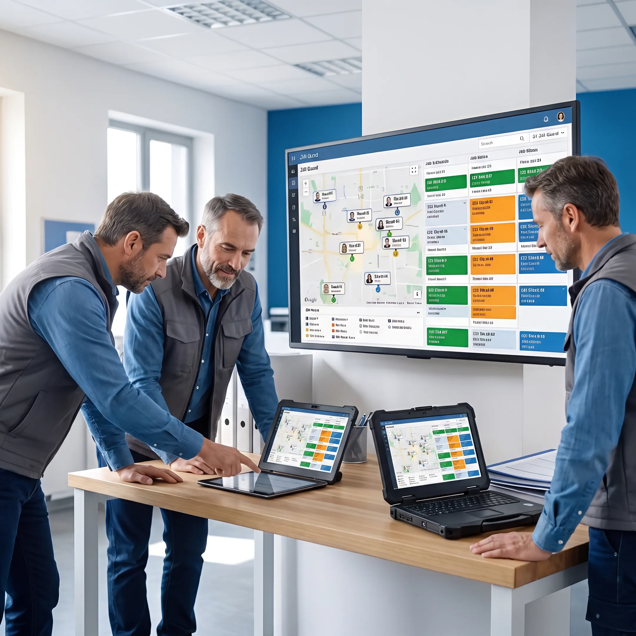 Field service team using job management software on mobile devices