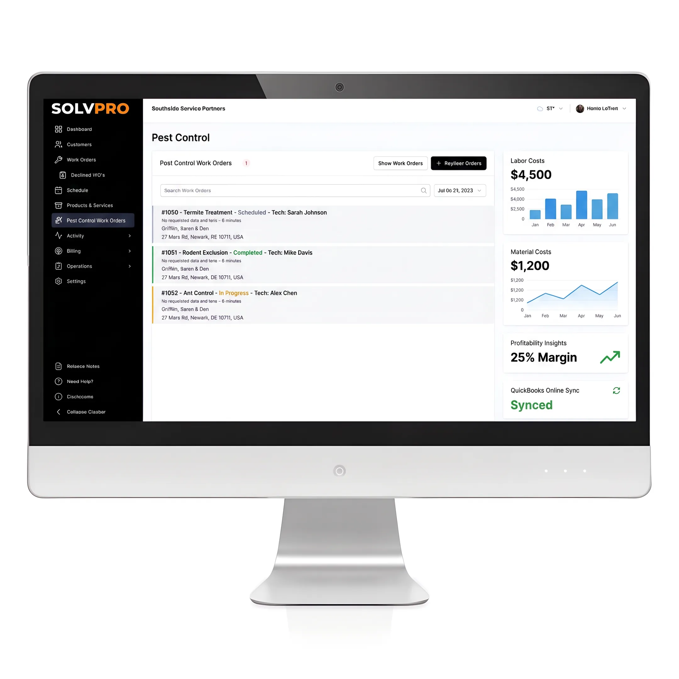 Field service software dashboard showing pest control job costs and QuickBooks integration