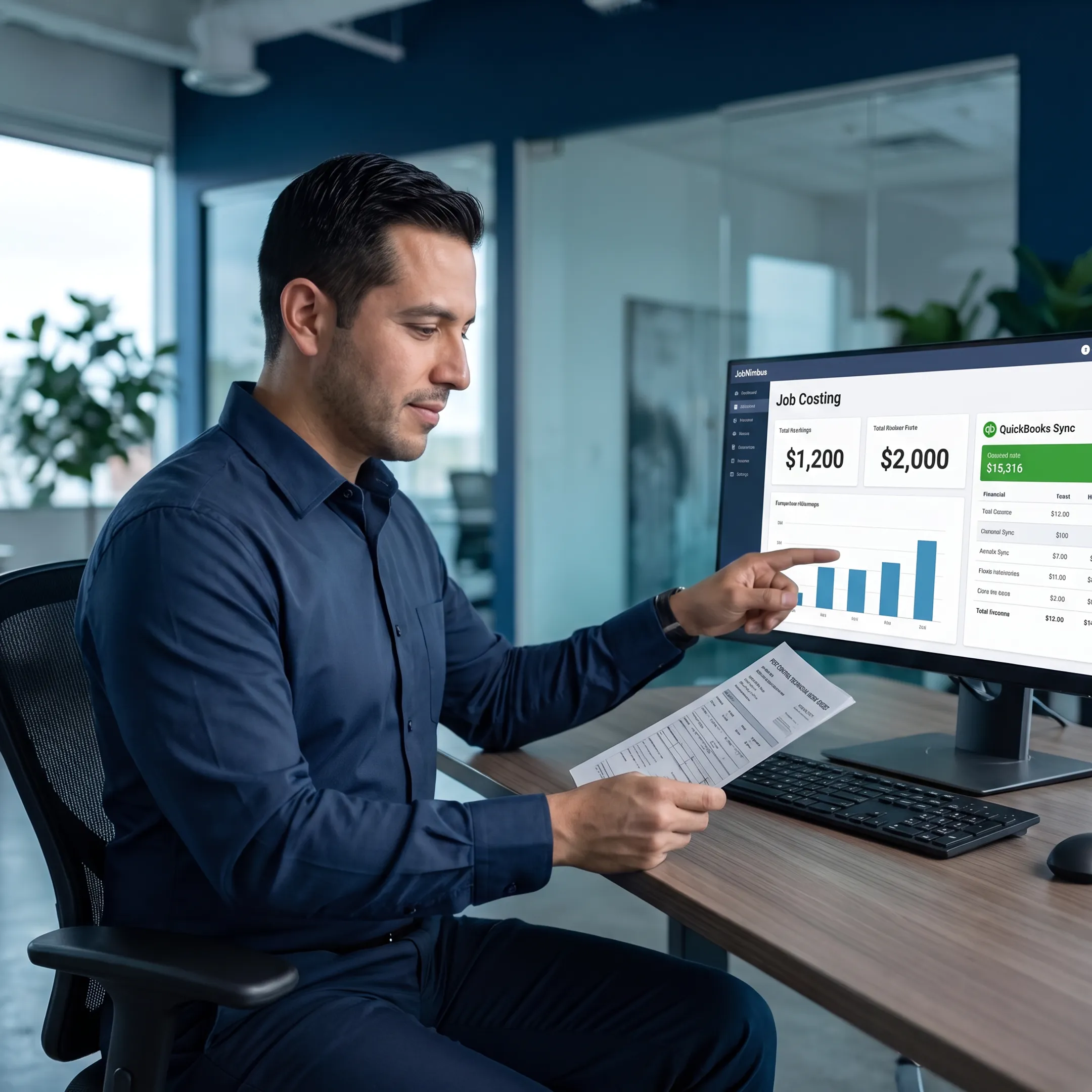 Pest control manager reviewing field jobs and QuickBooks-connected business reports