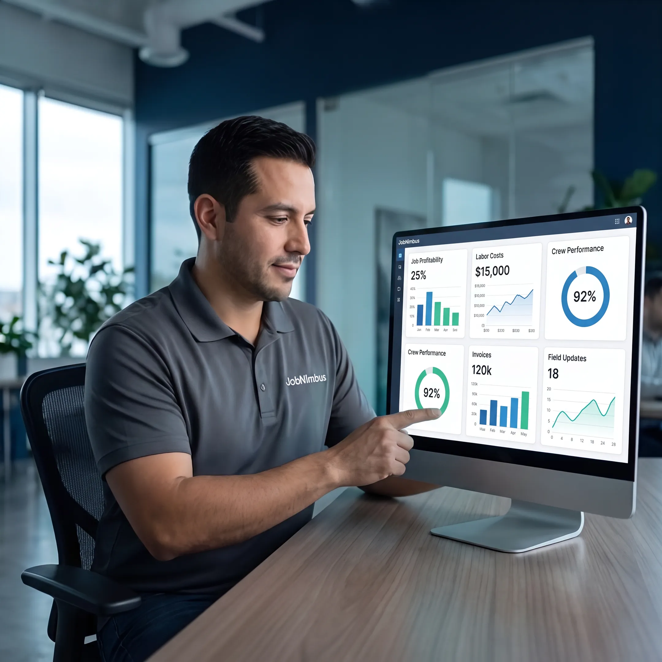 Field service manager reviewing job profitability software on a laptop