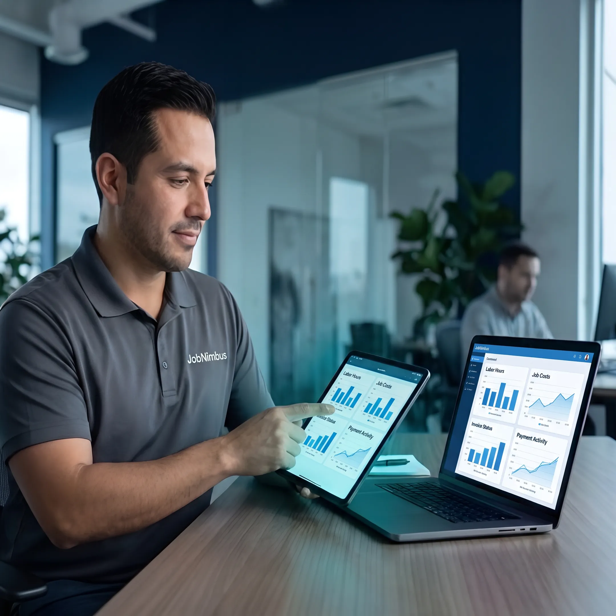 Service manager reviewing tracked labor and an invoice dashboard